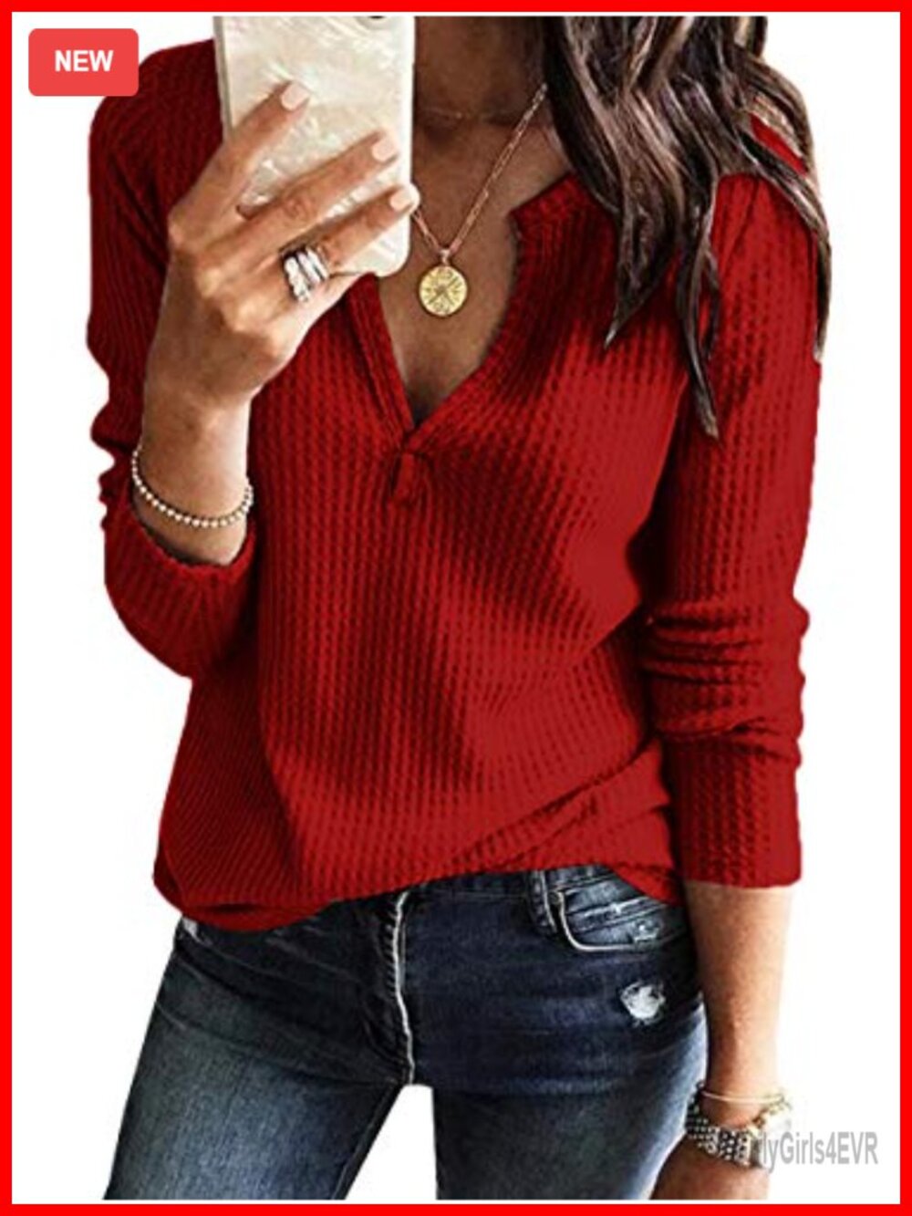 Women's Long Sleeve Waffle Knit V-Neck Pullover Sweater Top